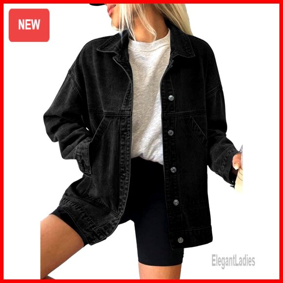 Denim Jacket Drop Shoulder Button Front Casual Long Sleeve Pockets